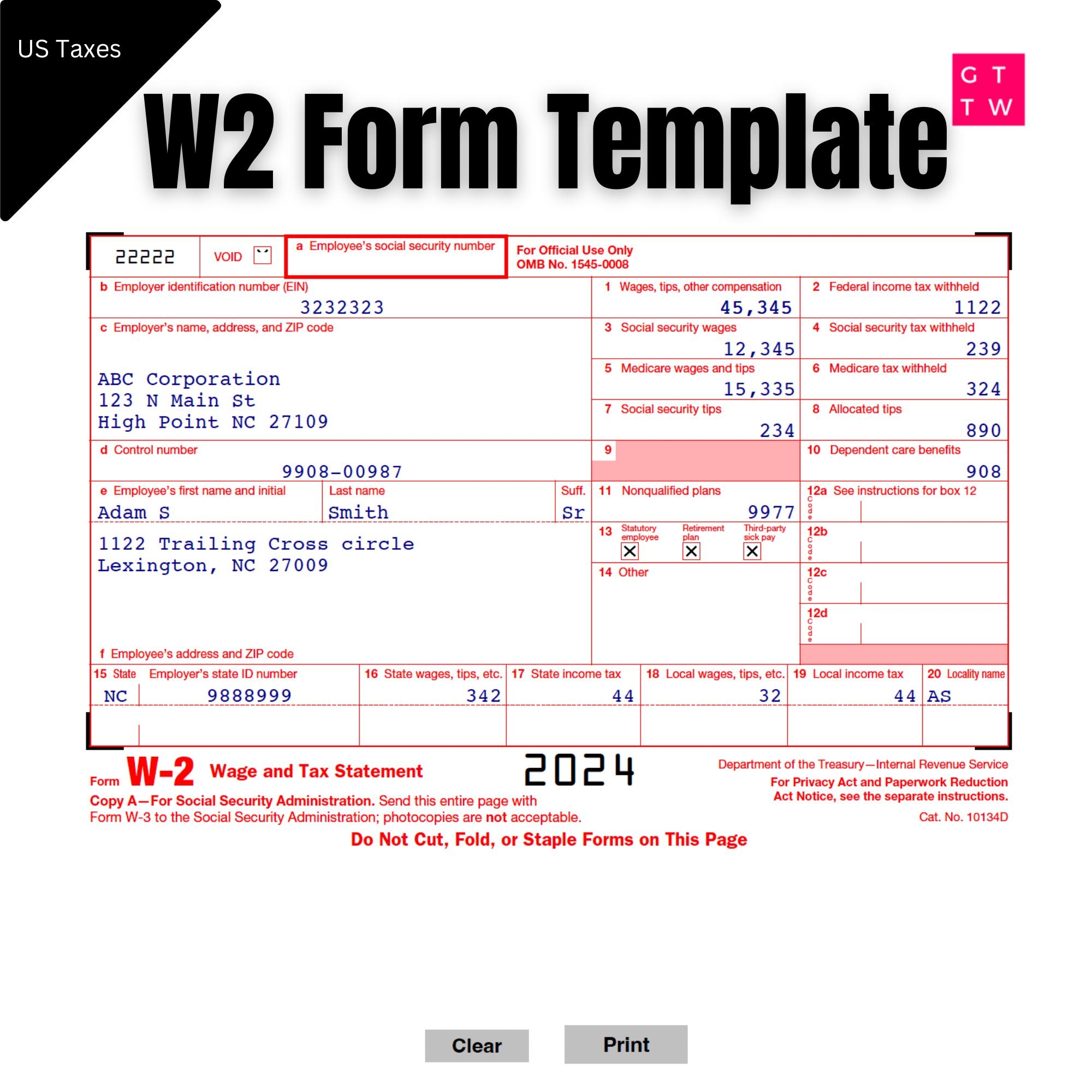 Fillable W2 Form 2025 Printable IRS Template digital Download 