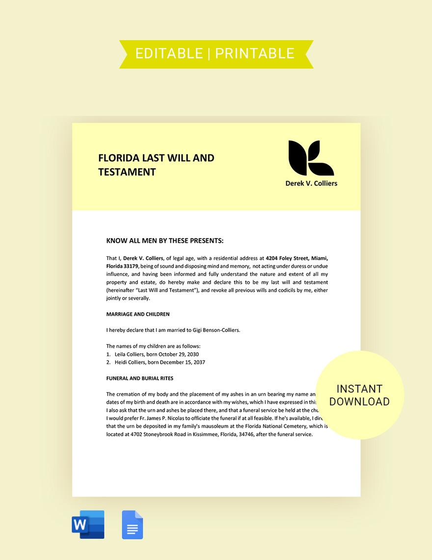 Florida Will And Testament Template In Word PDF Google Docs 