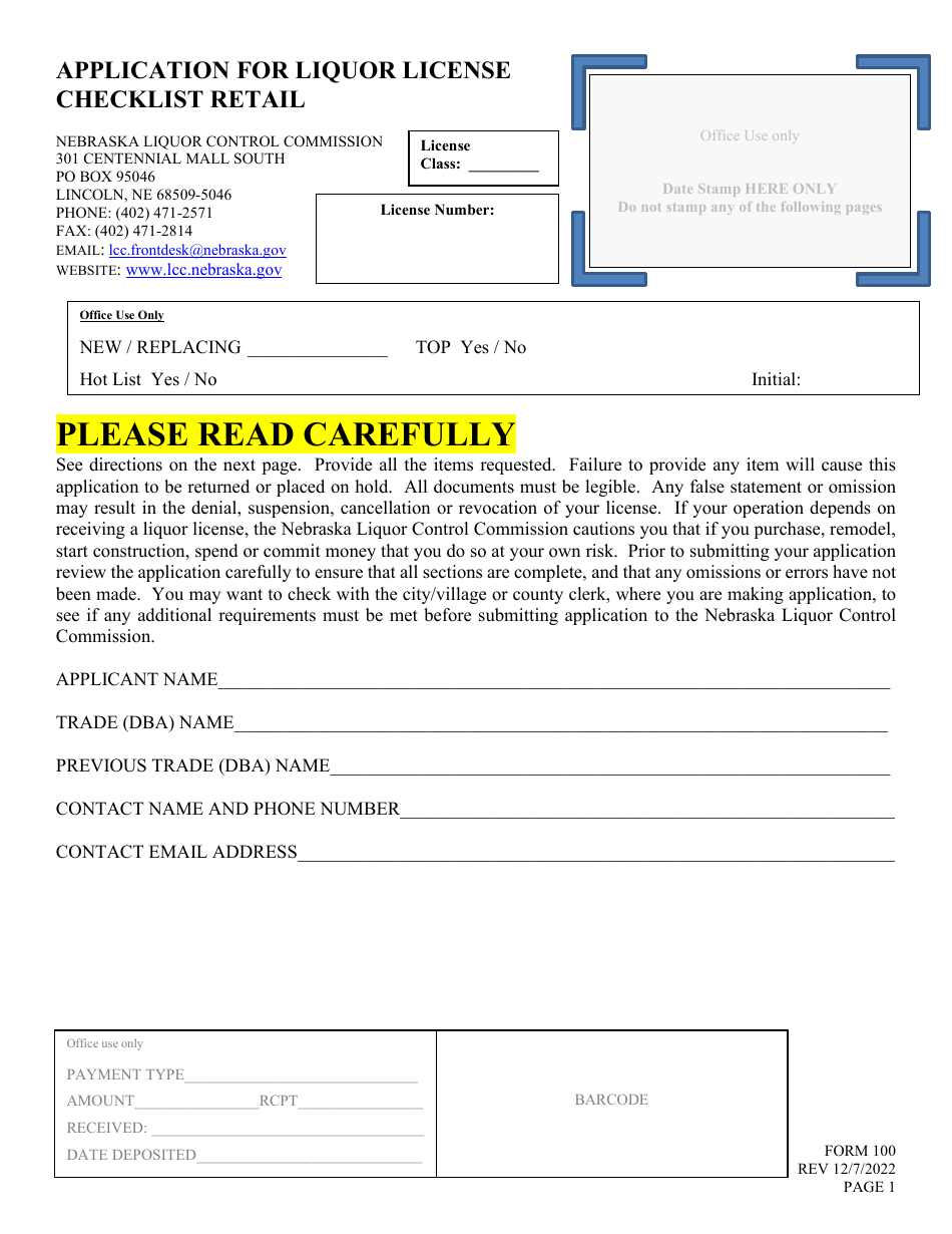 Form 100 Download Fillable PDF Or Fill Online Application For 