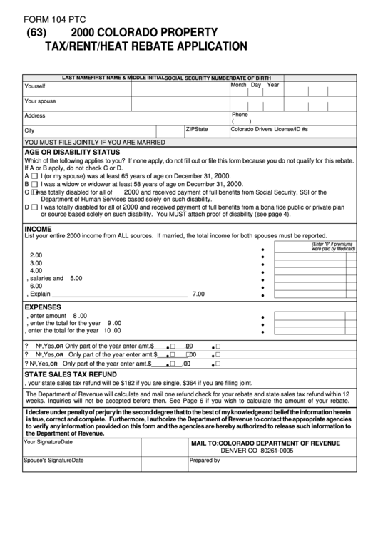 Form 104 Ptc Colorado Property Tax Rent Heat Rebate Application 
