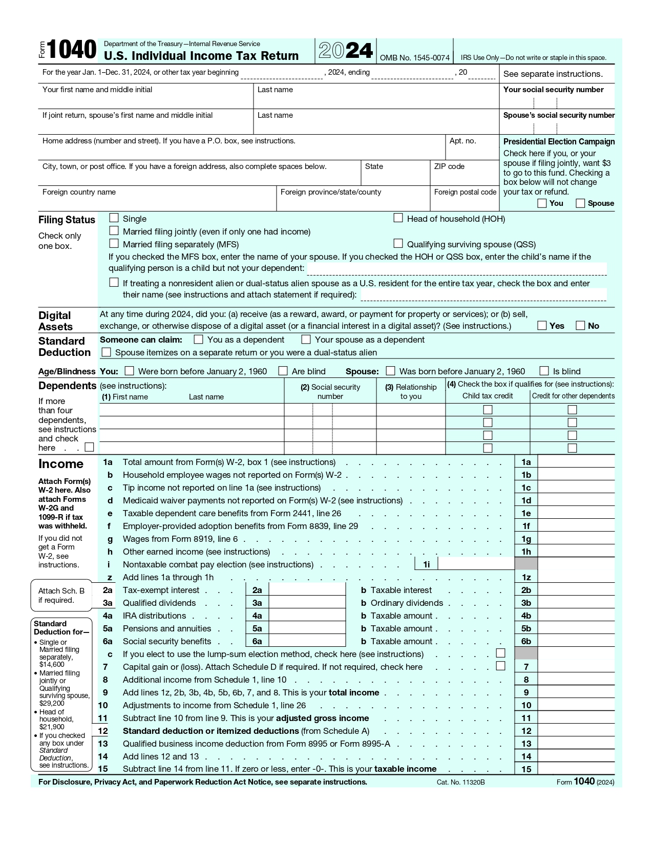 Form 1040 US Individual Income Tax Return 2024