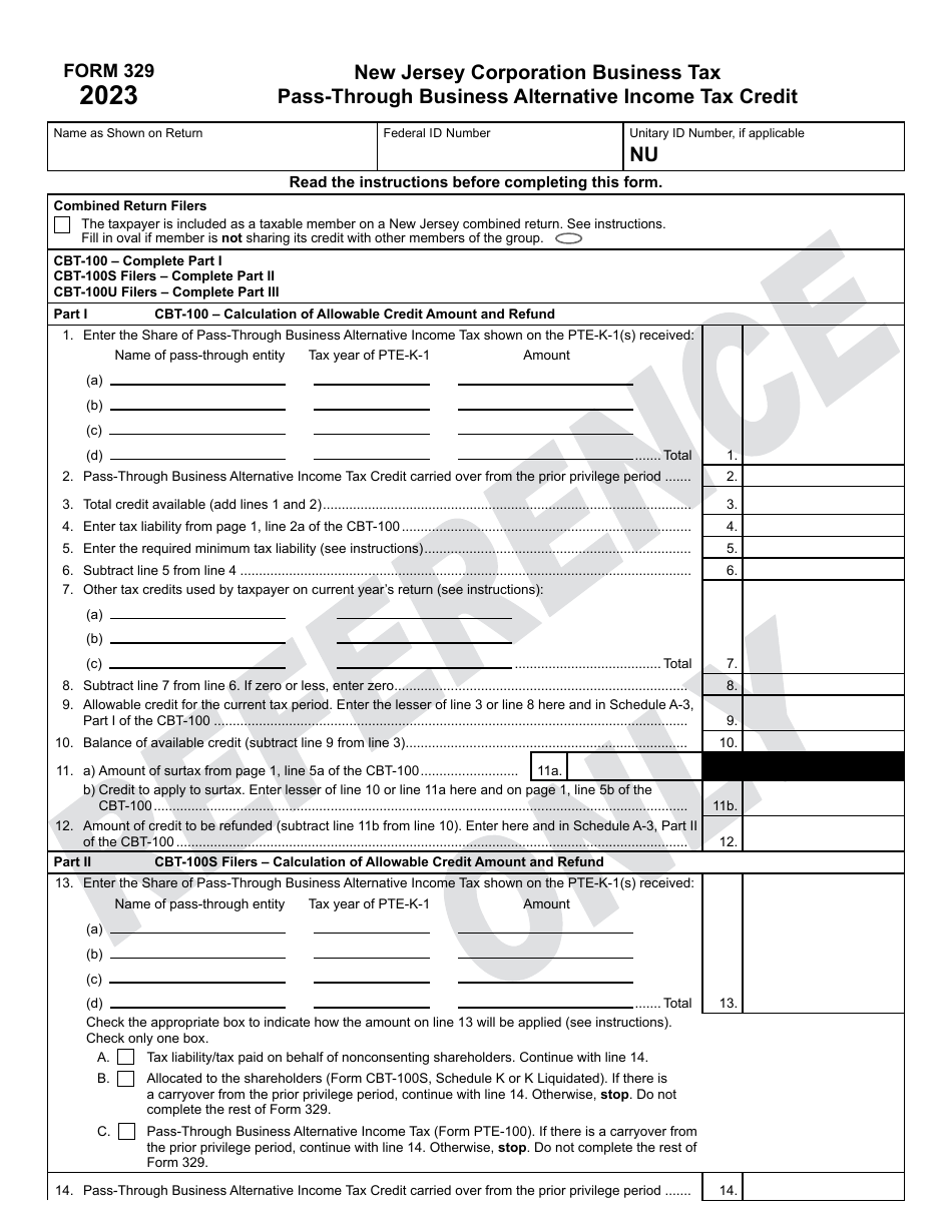 Form 329 Download Printable PDF Or Fill Online Pass Through Business Alternative Income Tax Credit 2023 New Jersey Templateroller