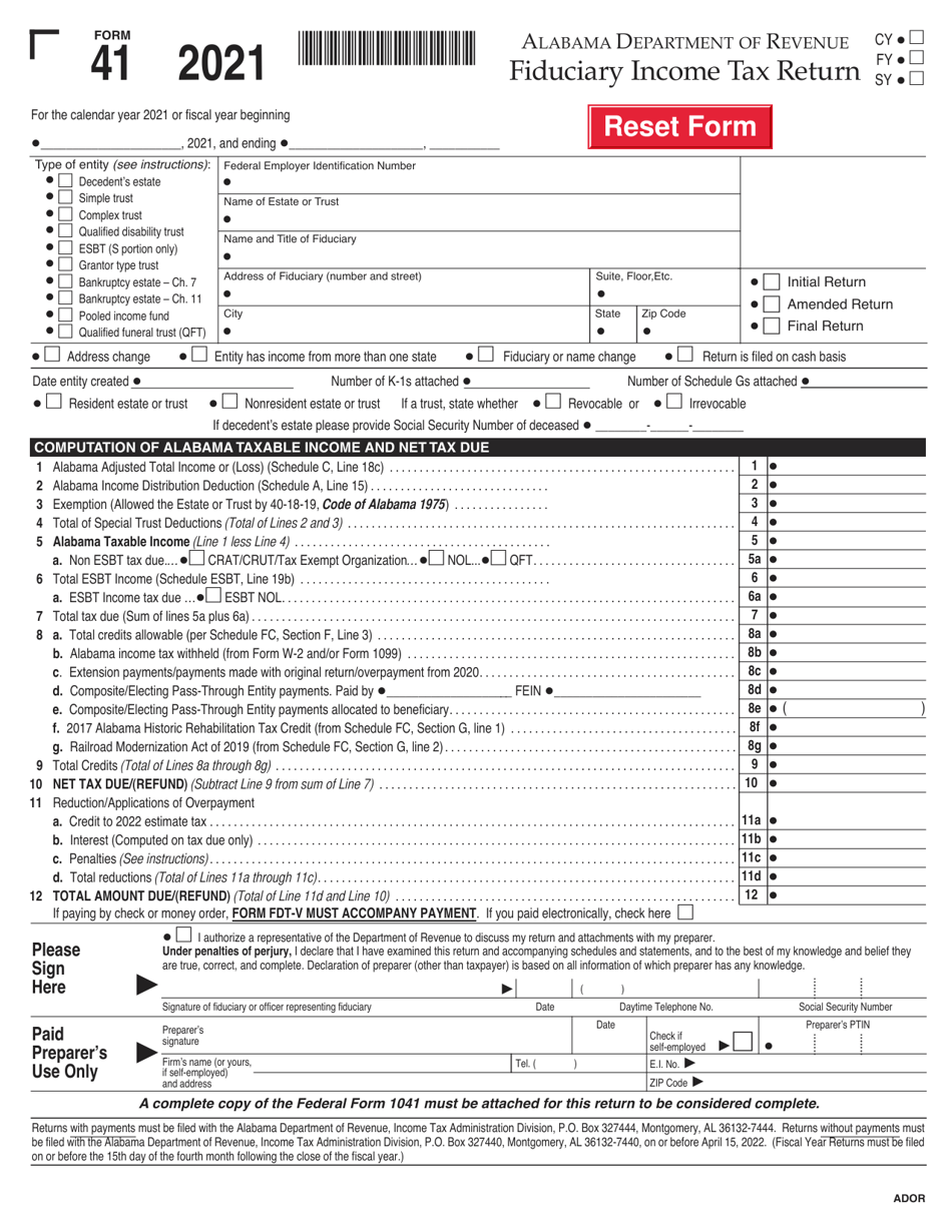 Form 41 Download Fillable PDF Or Fill Online Fiduciary Income Tax Return 2021 Alabama Templateroller