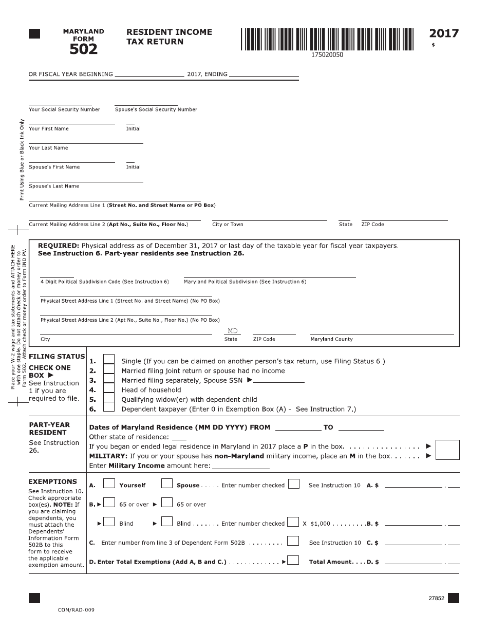 Form 502 2017 Fill Out Sign Online And Download Fillable PDF Maryland Templateroller