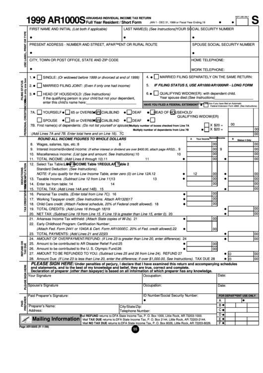 Form Ar1000s Arkansas Individual Income Tax Return Full Year 