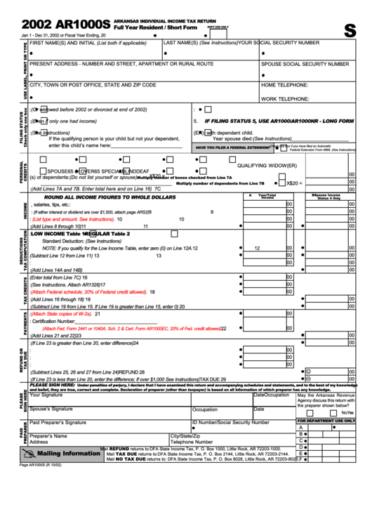 Form Ar1000s Arkansas Individual Income Tax Return Full Year 