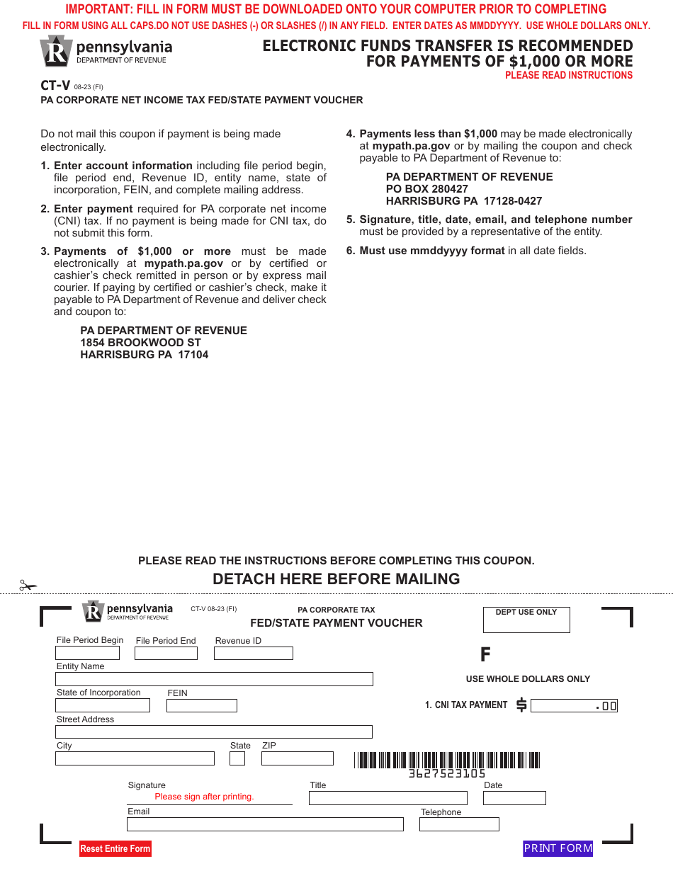 Form CT V Download Fillable PDF Or Fill Online Pa Corporate Net Income Tax Fed State Payment Voucher Pennsylvania Templateroller