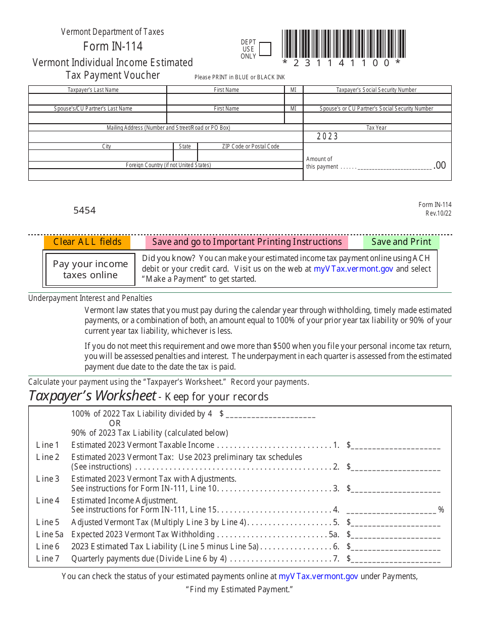 Form IN 114 Download Fillable PDF Or Fill Online Vermont Individual 