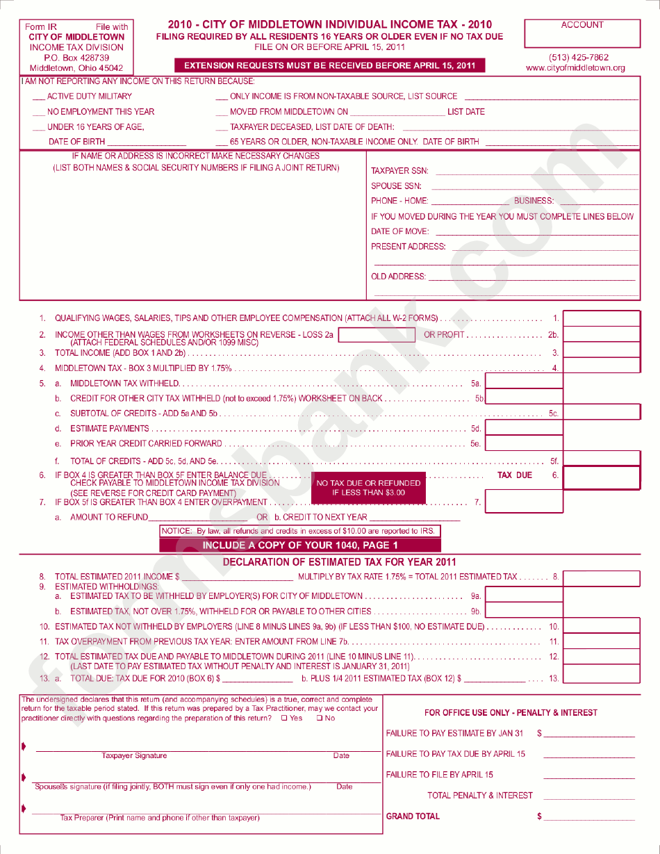 Form Ir Individual Income Tax City Of Middletown 2010 Printable 