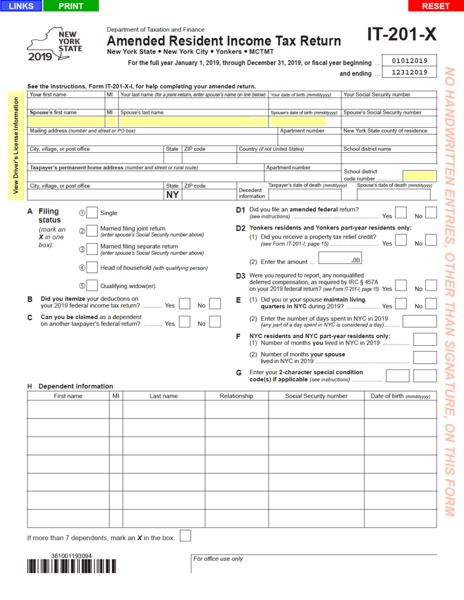 Form IT 201 X 2019 Fill Out Sign Online And Download Fillable PDF New York Templateroller