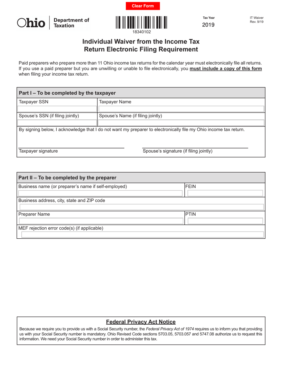 Form IT WAIVER Download Fillable PDF Or Fill Online Individual Waiver From The Income Tax Return Electronic Filing Requirement Ohio 2018 2025 Templateroller