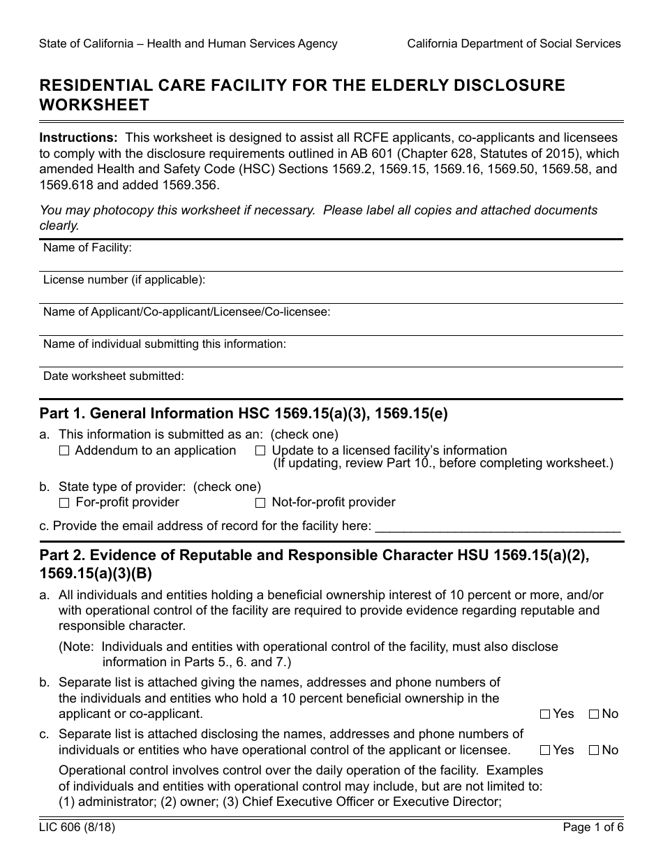 Form LIC606 Download Fillable PDF Or Fill Online Residential Care 