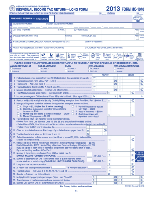 Form Mo 1040 Individual Income Tax Return Long Form 2013 