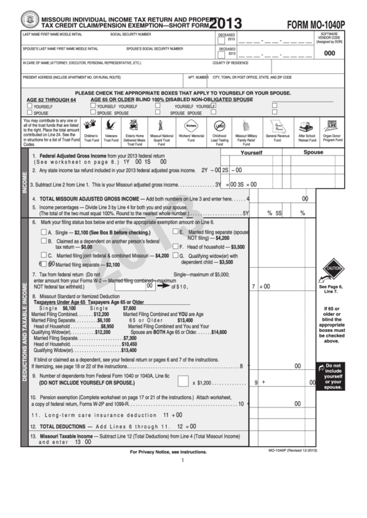 Form Mo 1040p Missouri Individual Income Tax Return And Property Tax 
