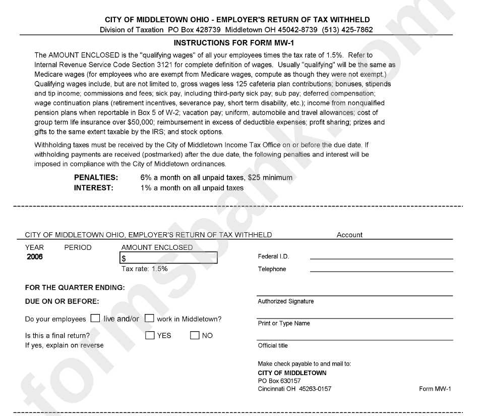 Form Mw 1 Employer 39 S Return Of Tax Withheld City Of Middletown 