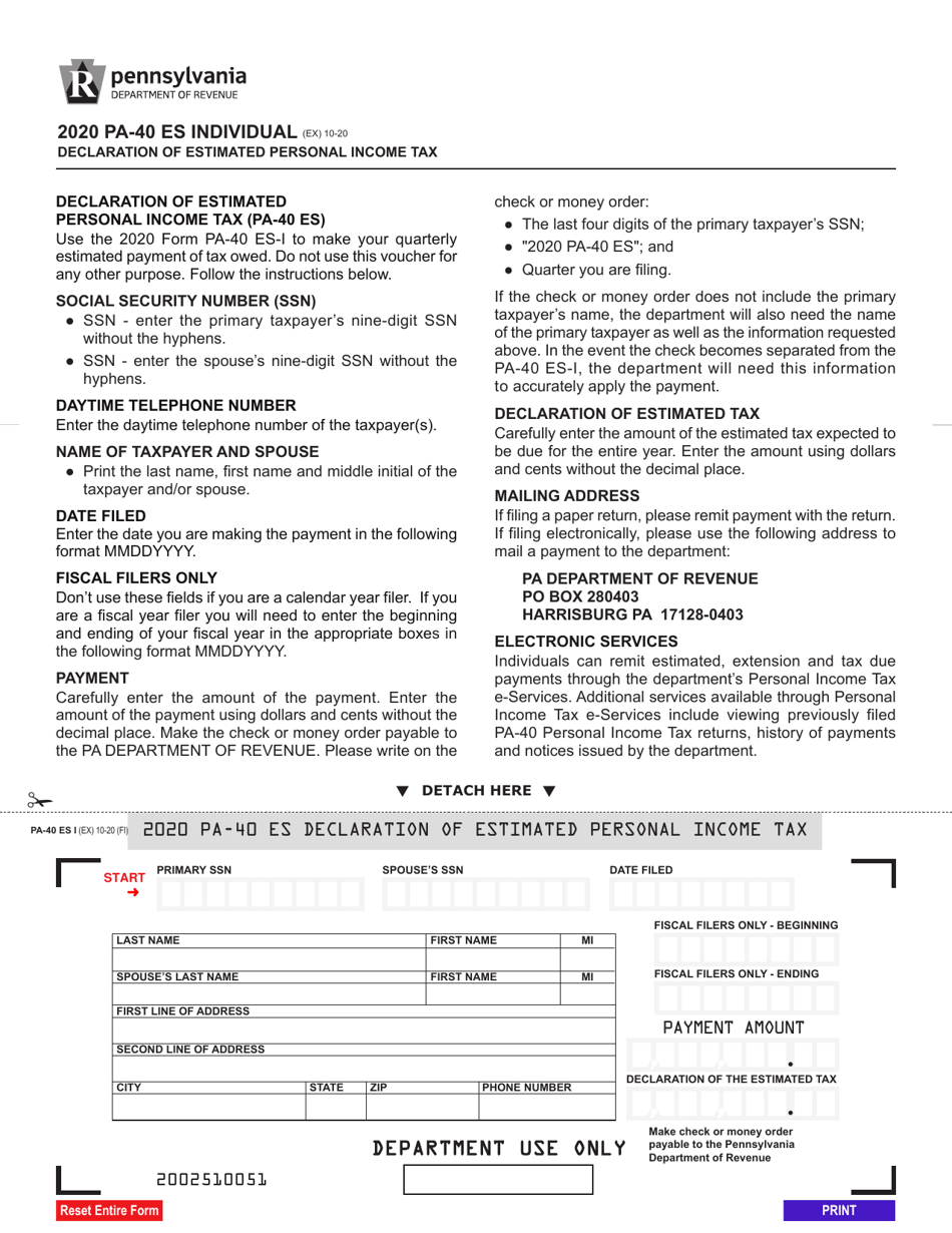 Form PA 40 ES 2020 Fill Out Sign Online And Download Fillable PDF Pennsylvania Templateroller