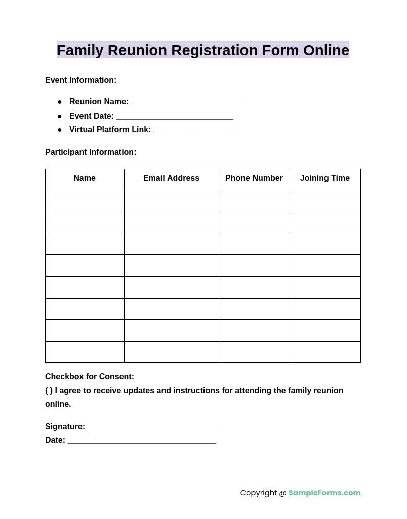 FREE 13 Family Reunion Registration Form Samples PDF MS Word 