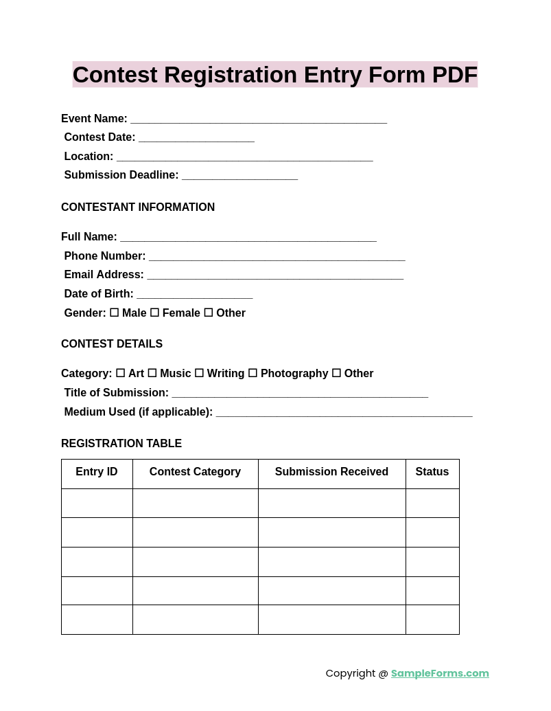 FREE 56 Contest Registration Form Samples PDF MS Word Google 