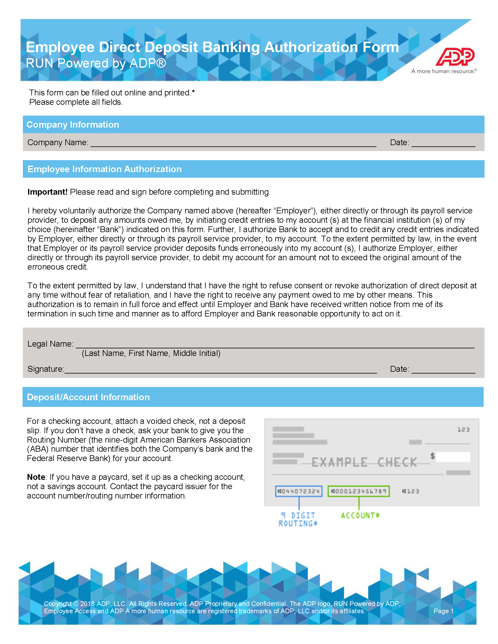 Free ADP Direct Deposit Authorization Form PDF
