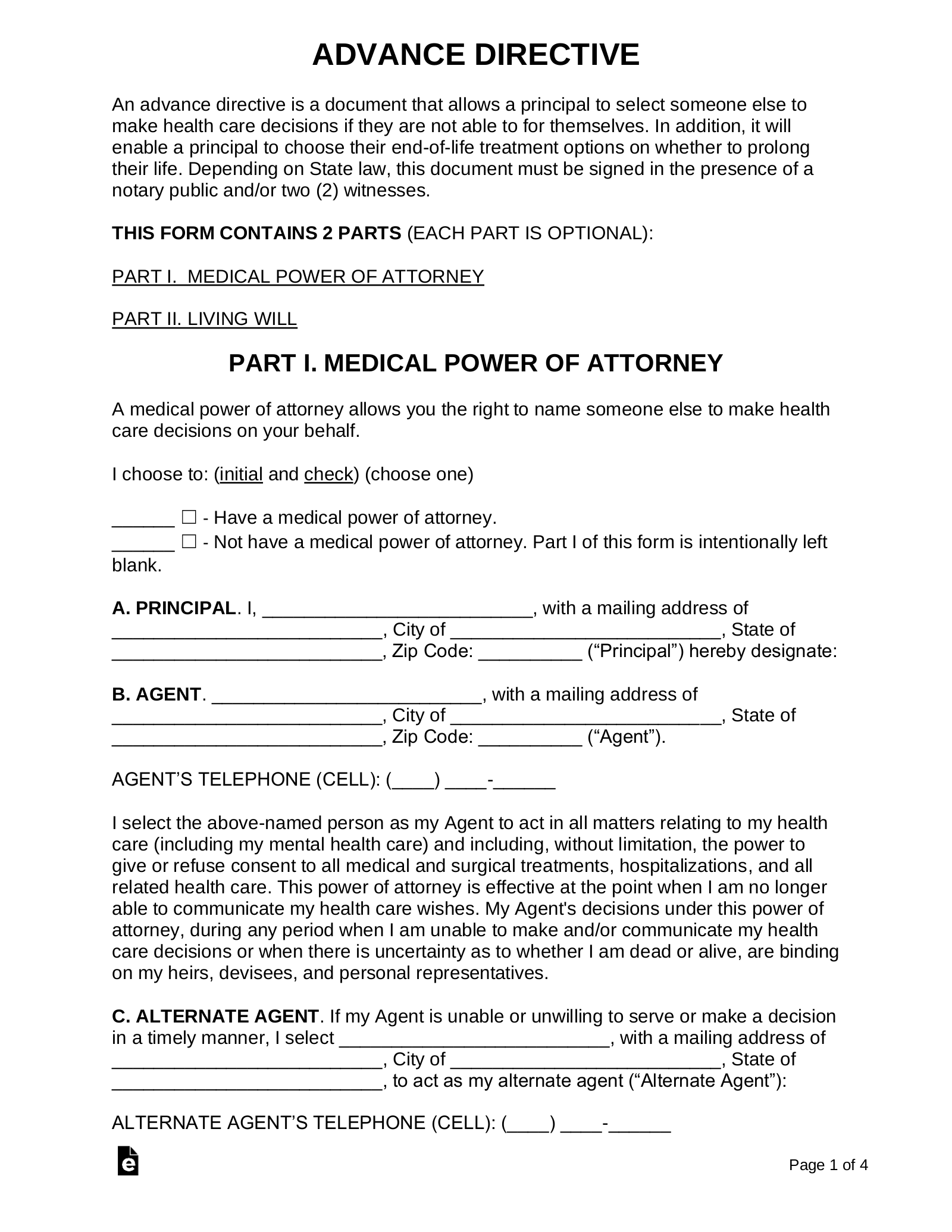 Free Advance Directive Form Medical POA Living Will PDF