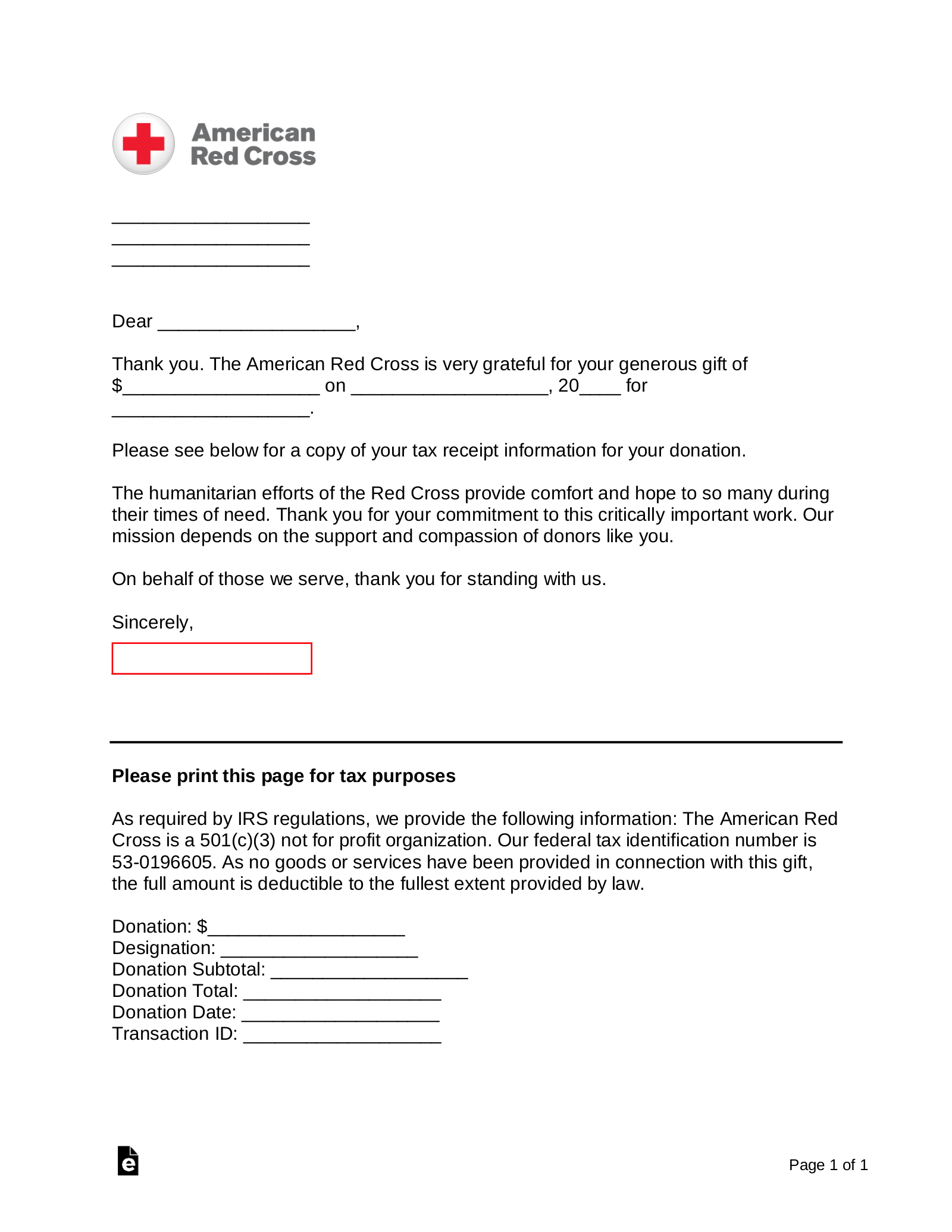 Free American Red Cross Donation Receipt Template PDF Word
