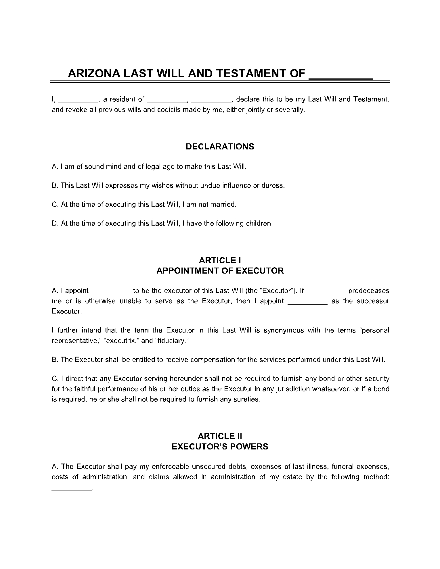 Free Arizona Last Will And Testament Template CocoSign