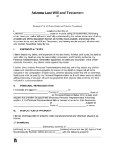 Free Arizona Last Will And Testament Template PDF Word EForms