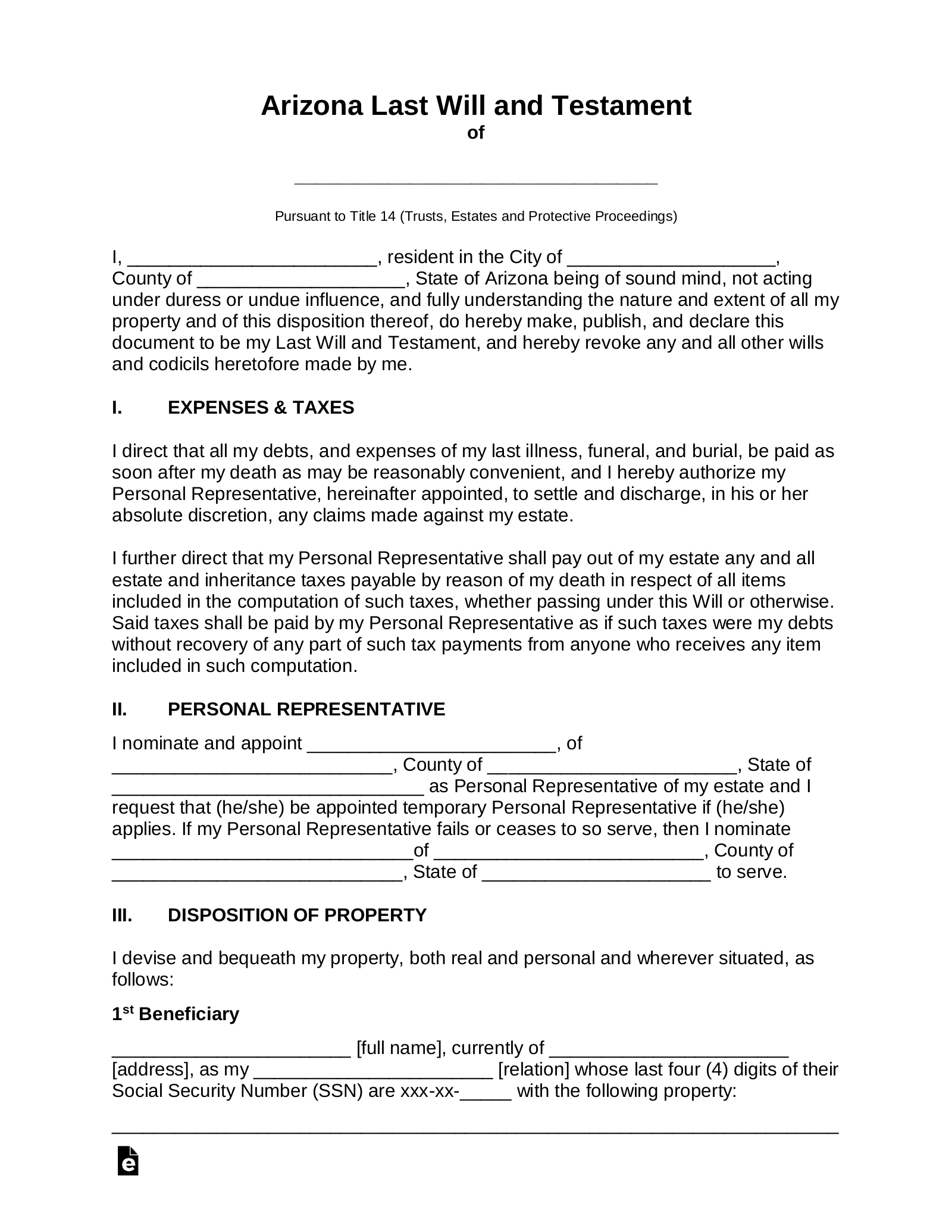 Free Arizona Last Will And Testament Template PDF Word EForms