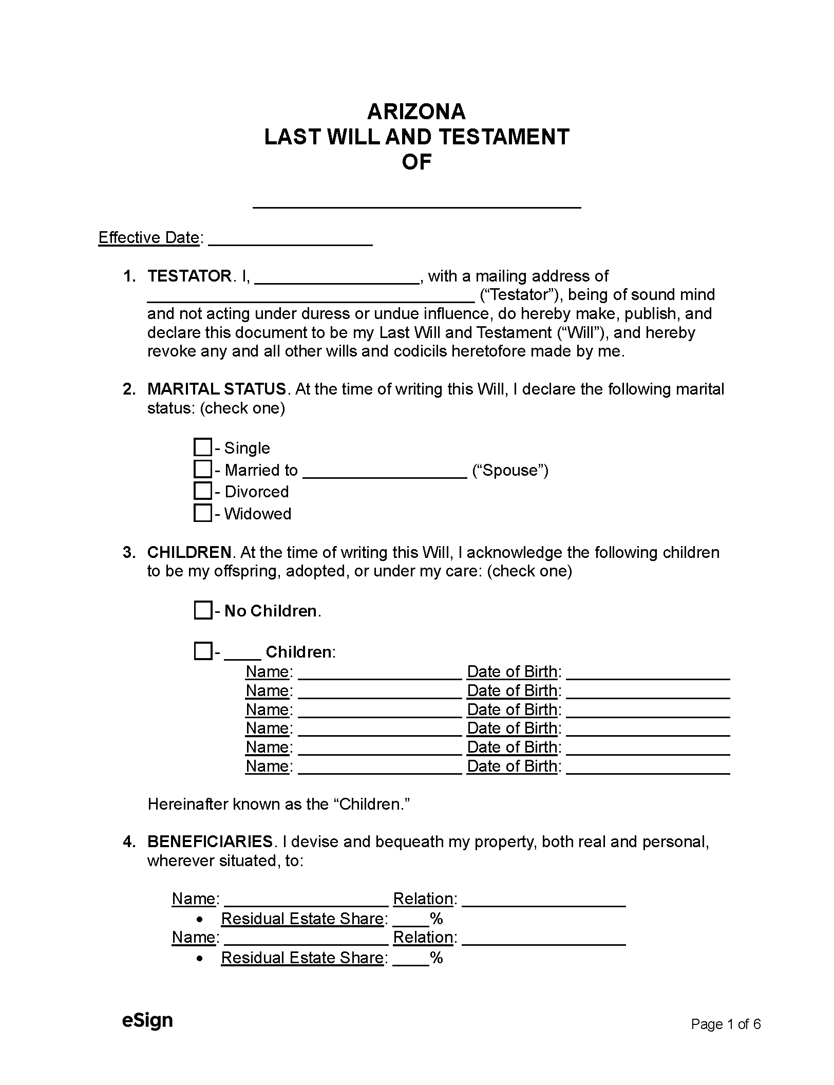 Free Arizona Last Will And Testament Template PDF Word PDF Word