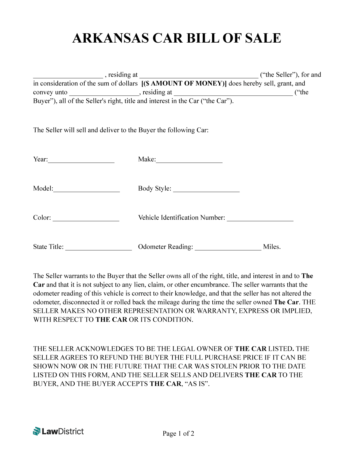 Free Arkansas Bill Of Sale PDF U0026 Word LawDistrict
