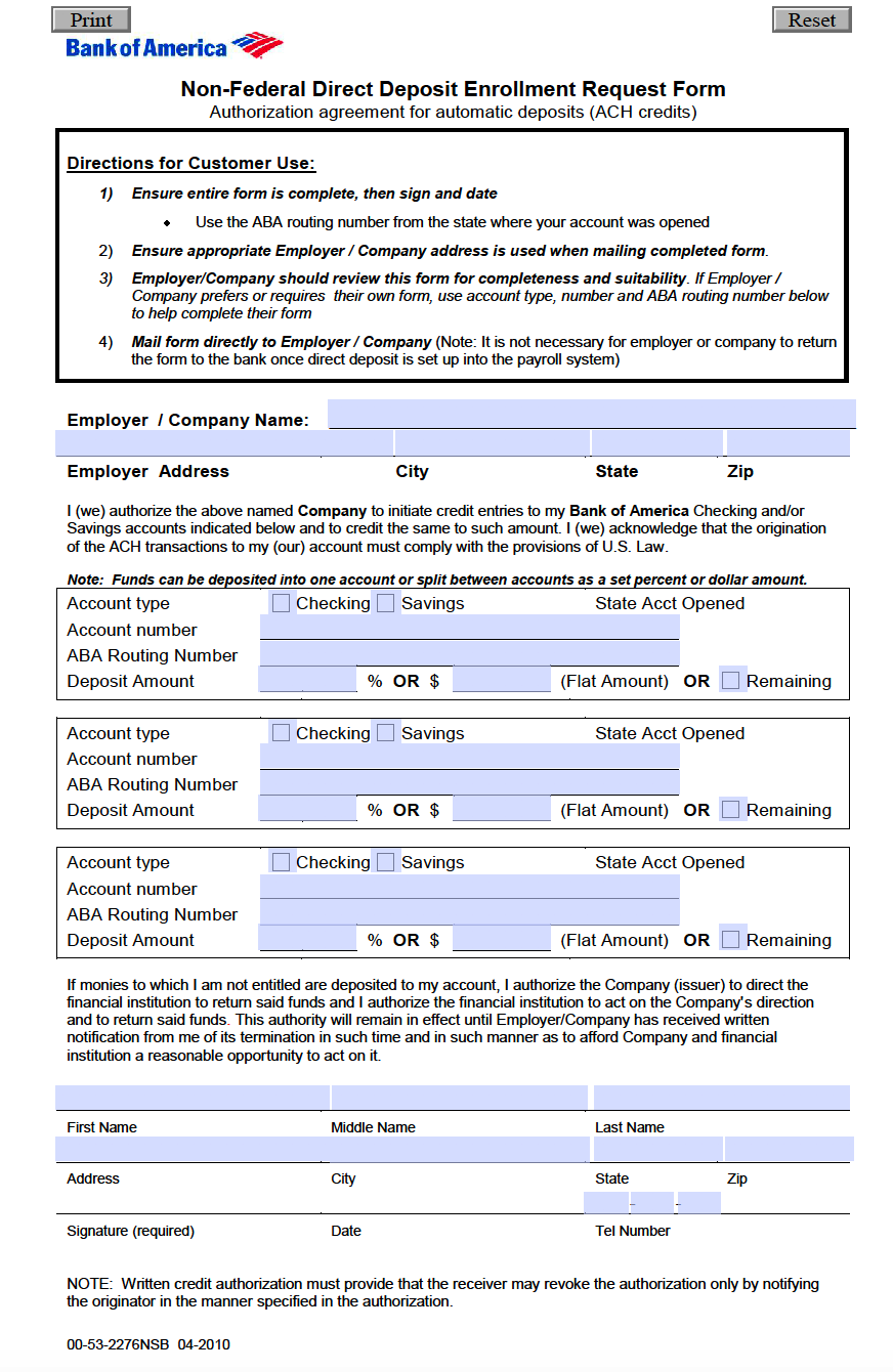 Free Bank Of America Direct Deposit Authorization Form PDF