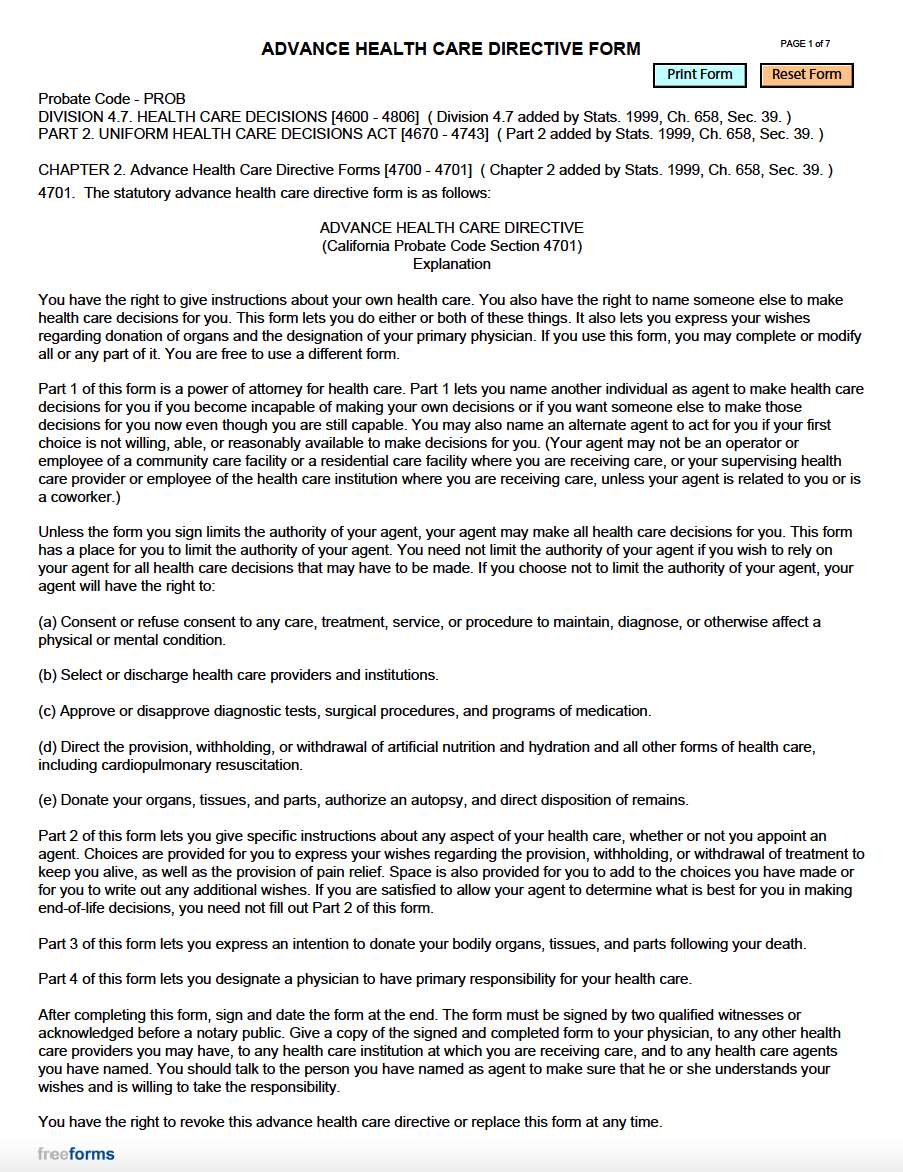 Free California Advance Directive Form Medical POA U0026 Living Will PDF