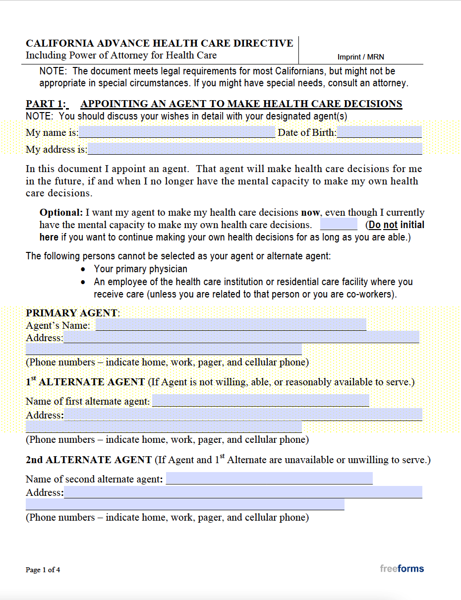 Free California Advance Directive Form Medical POA U0026 Living Will PDF