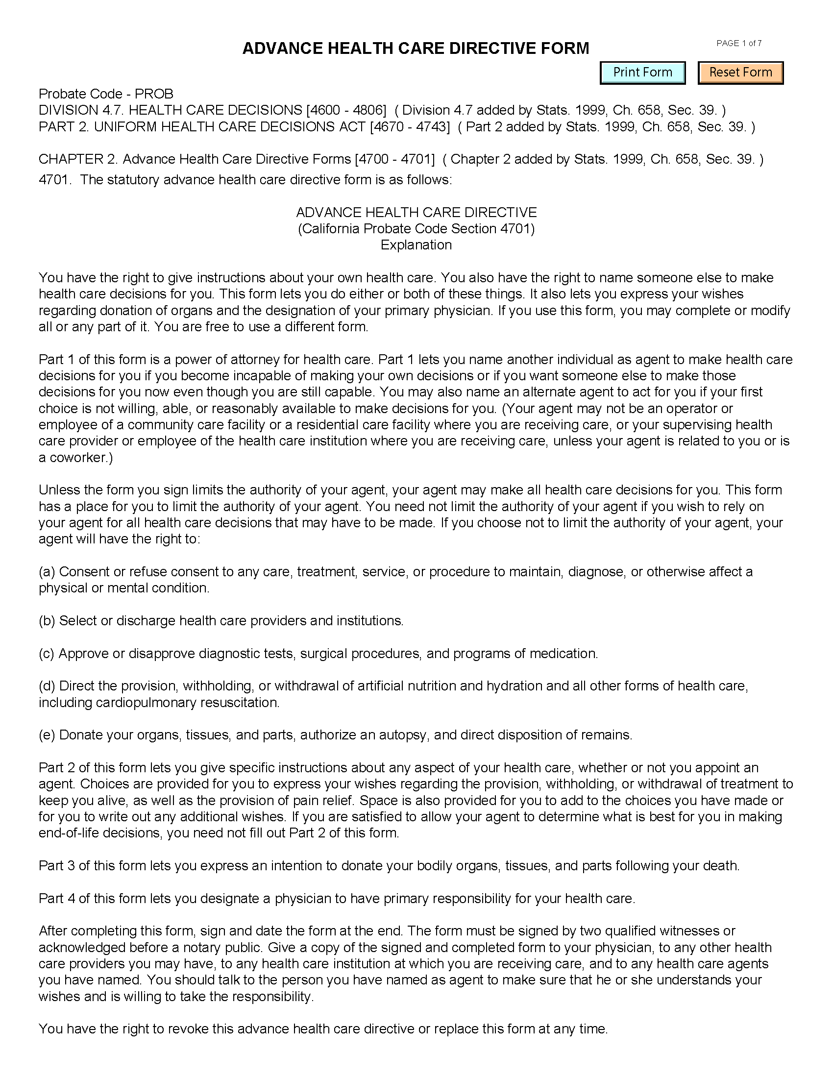 Free California Advance Directive Form PDF