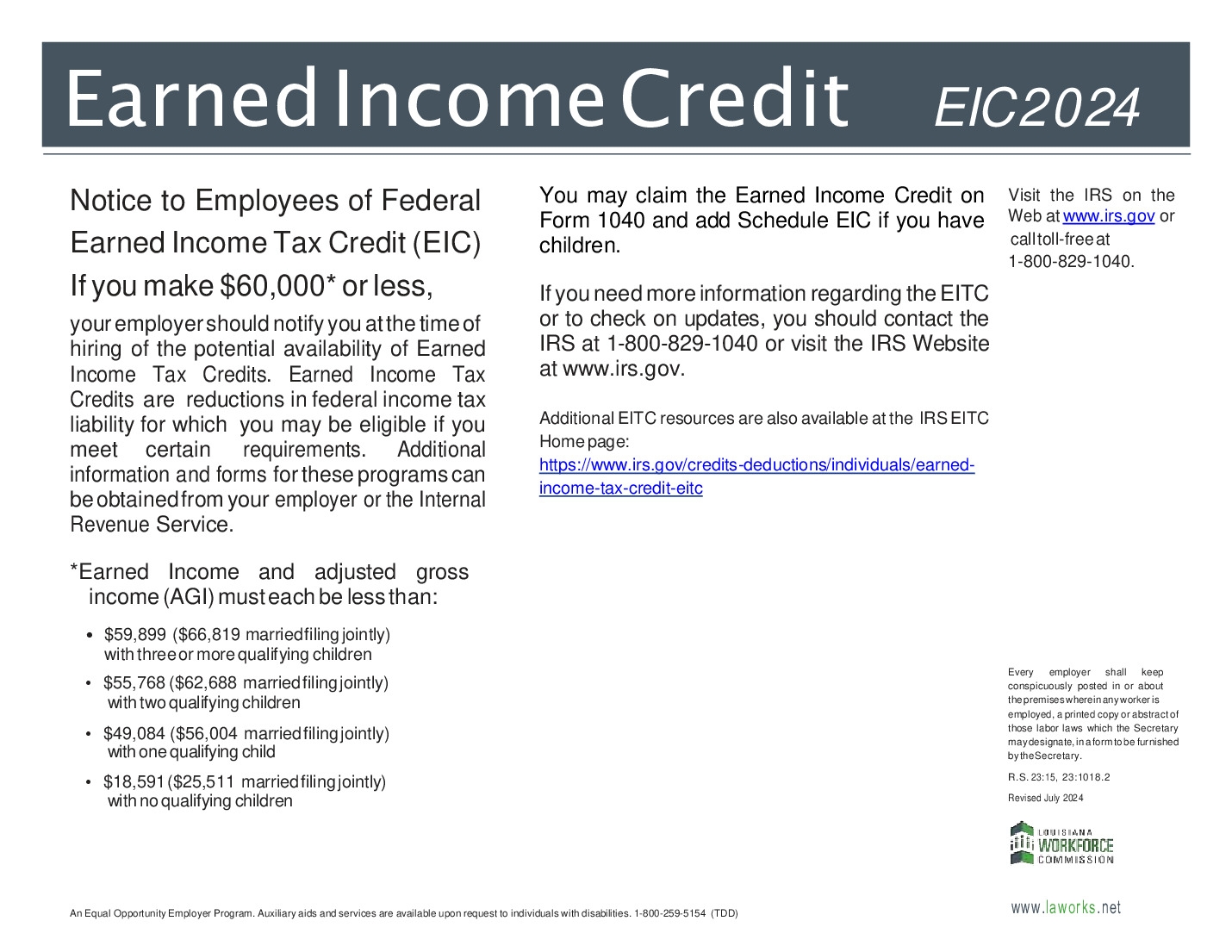Free Louisiana Louisiana EIC Labor Law Poster 2025
