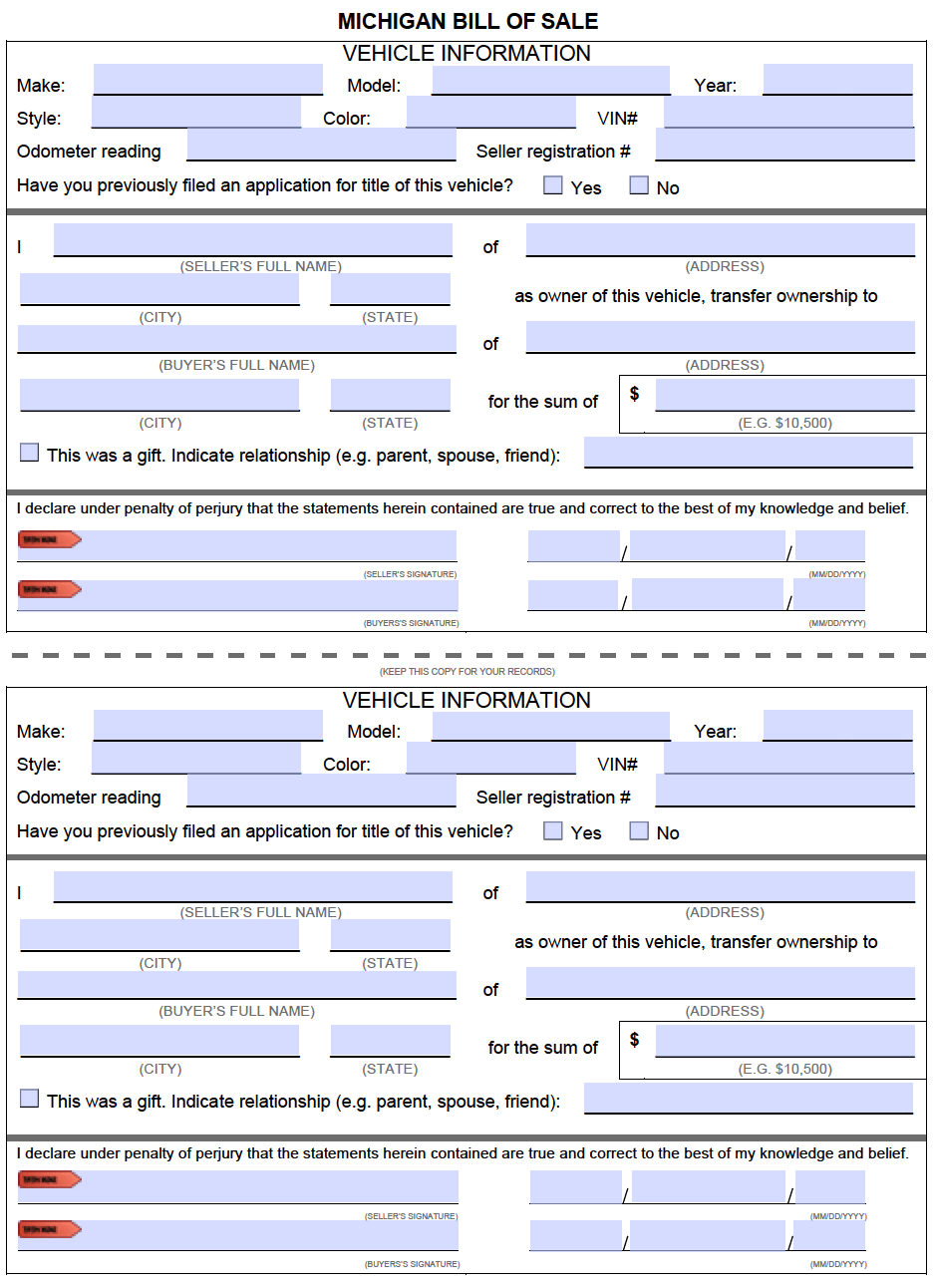 Free Michigan Bill Of Sale Forms PDF