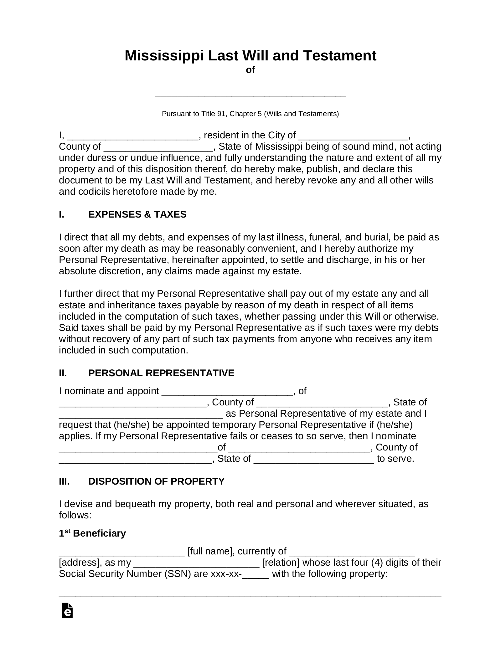 Free Mississippi Last Will And Testament Template PDF Word