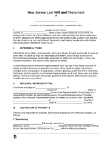 Free New Jersey Last Will And Testament Template PDF Word EForms