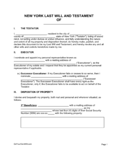 Free New York Last Will And Testament Form PDF WORD ODT