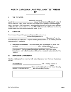 Free North Carolina Last Will And Testament Form PDF WORD ODT