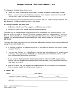 Free Oregon Advance Directive Form Template PDF Word EForms