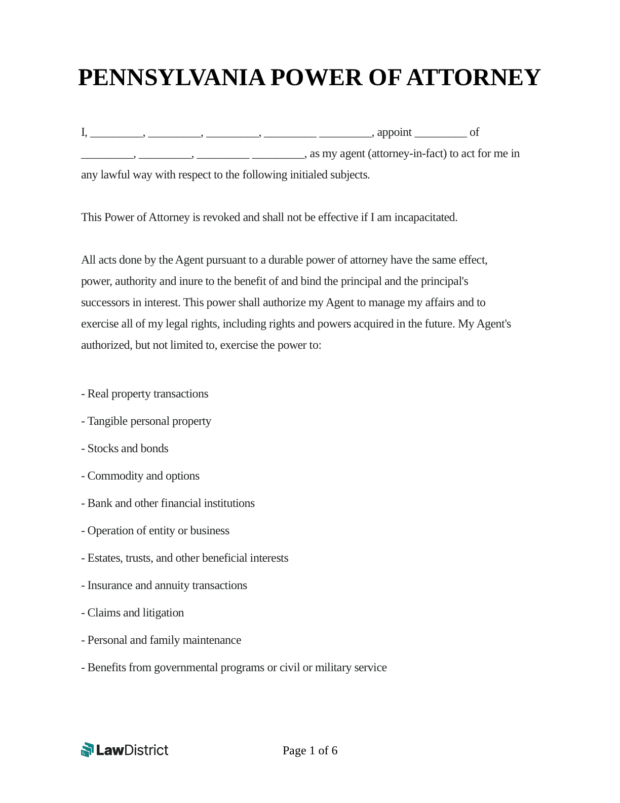 Free Pennsylvania Power Of Attorney Form U0026 Sample LawDistrict