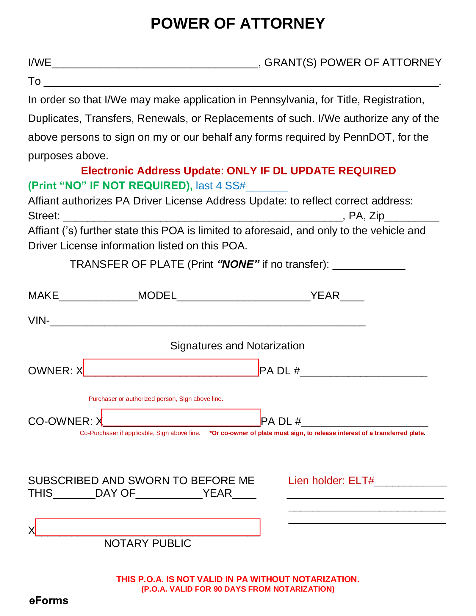 Free Pennsylvania Vehicle Power Of Attorney Form PDF EForms