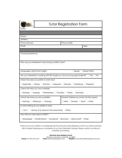 Free Printable Tutoring Registration Form Templates Printable Forms