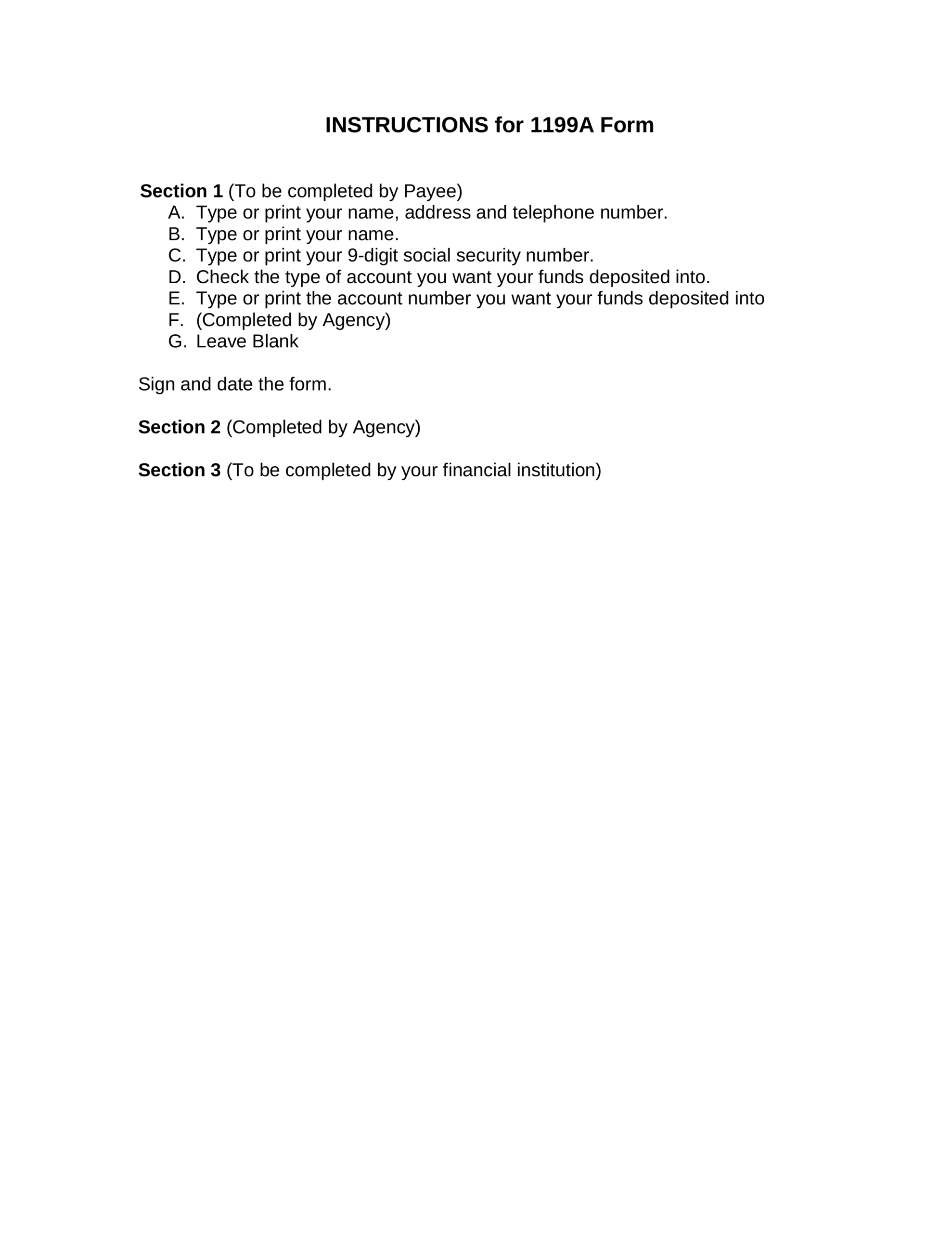 Free Social Security Direct Deposit Form 1199A PDF EForms