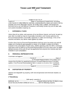 Free Texas Last Will And Testament Template PDF Word EForms
