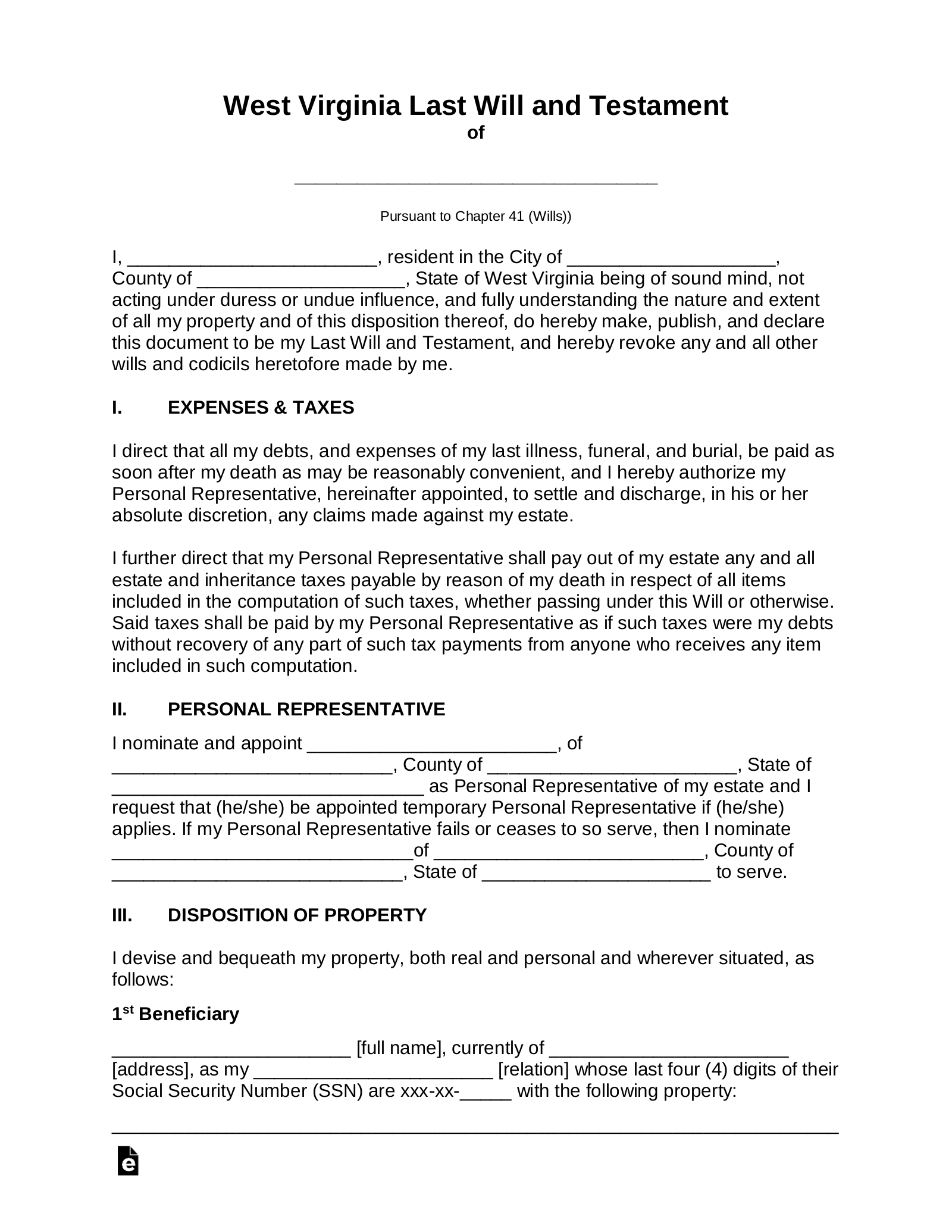Free West Virginia Last Will And Testament Template PDF Word EForms