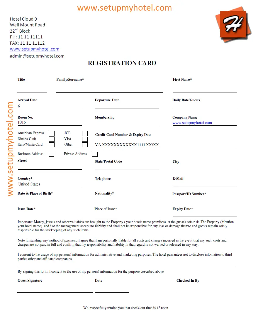 Front Desk Guest Registration Card Sample SetupMyHotel