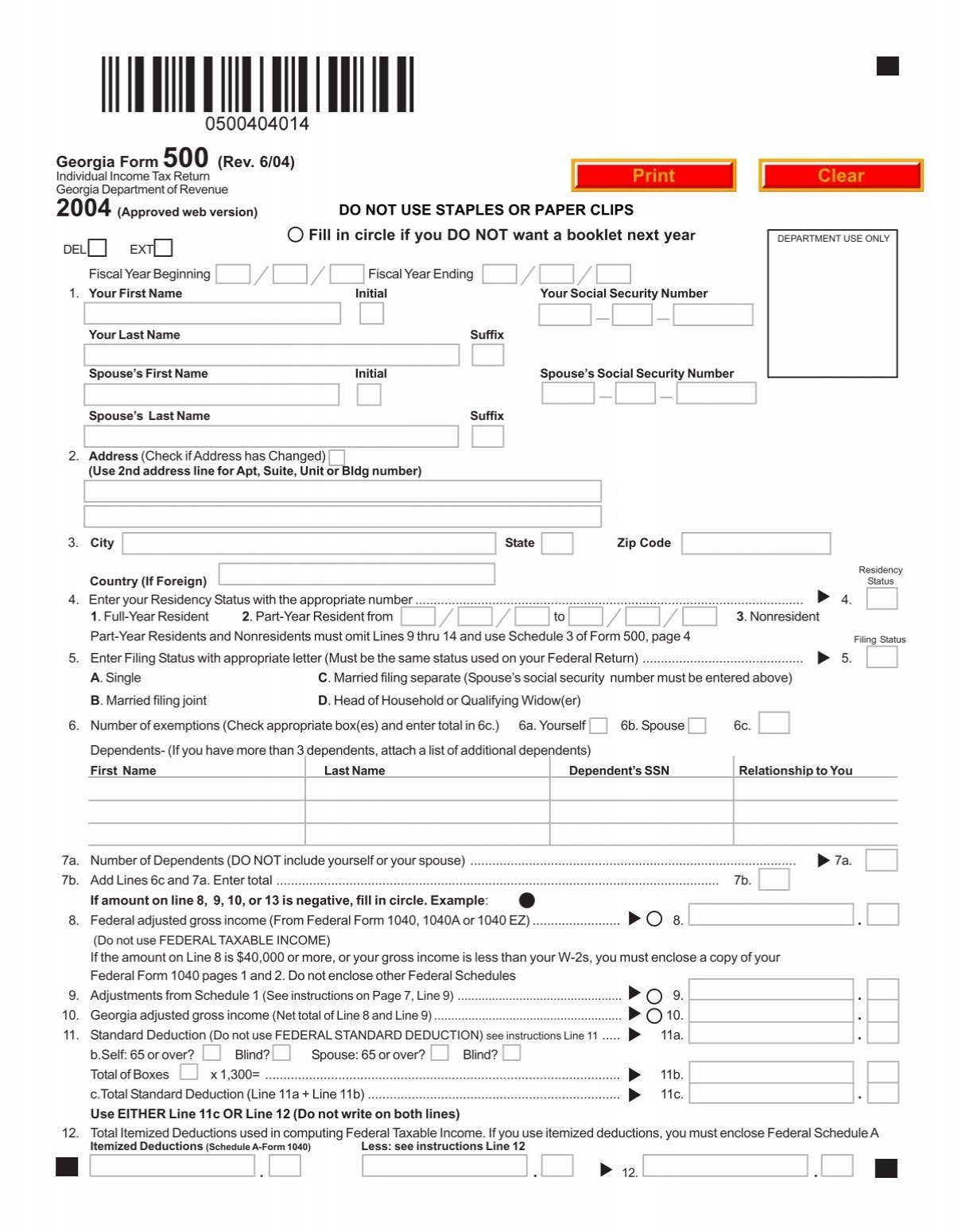 Georgia Form 500 Rev 6 04 Fill In Circle If You FormSend