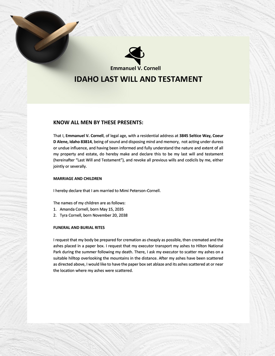 Idaho Last Will And Testament Template In Google Docs Word Download Template